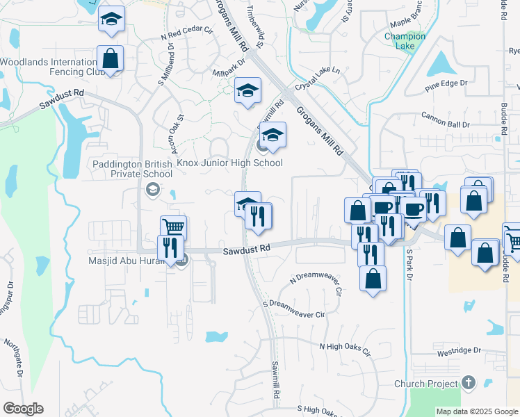 map of restaurants, bars, coffee shops, grocery stores, and more near 12312 Sawmill Road in Spring