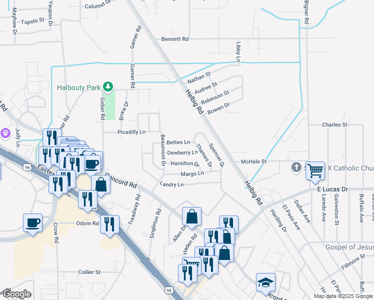 map of restaurants, bars, coffee shops, grocery stores, and more near 5350 Dewberry Lane in Beaumont