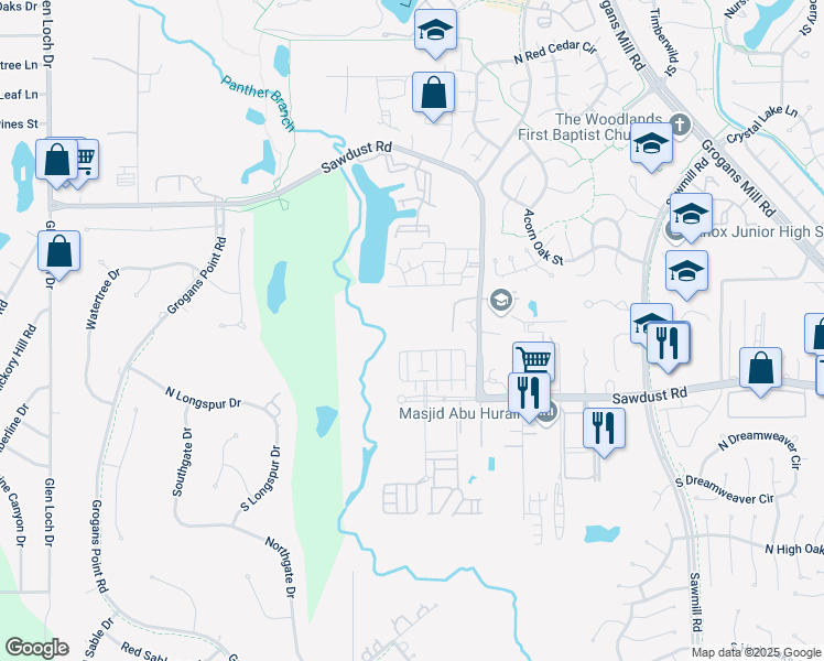 map of restaurants, bars, coffee shops, grocery stores, and more near 1941 Sawdust Road in Spring