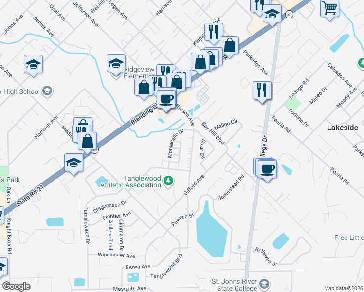 map of restaurants, bars, coffee shops, grocery stores, and more near 1337 Yorktown Place in Orange Park