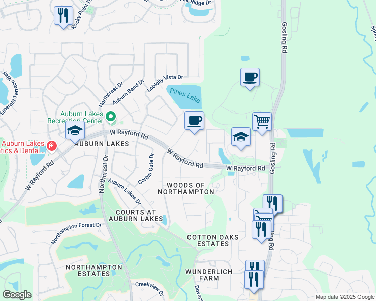 map of restaurants, bars, coffee shops, grocery stores, and more near 25103 Giltspur Way in Spring