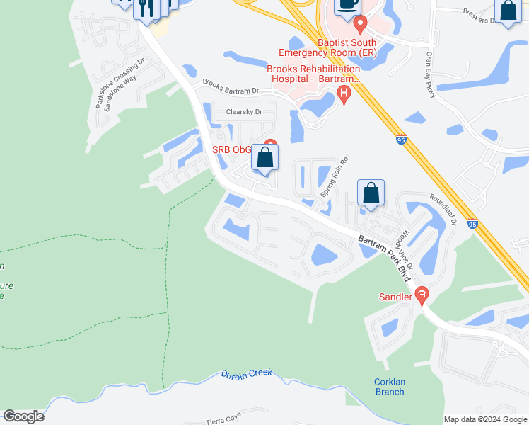 map of restaurants, bars, coffee shops, grocery stores, and more near 6482 White Flower Court in Jacksonville