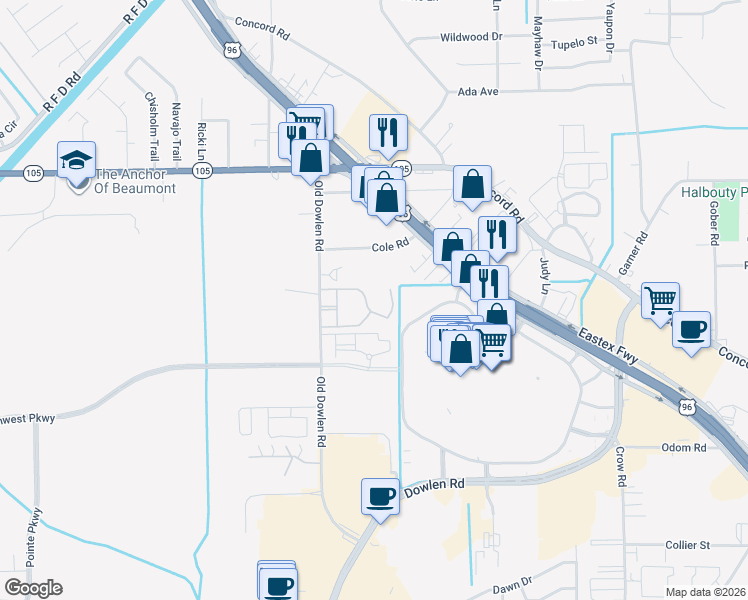 map of restaurants, bars, coffee shops, grocery stores, and more near 5855 Cole Road in Beaumont