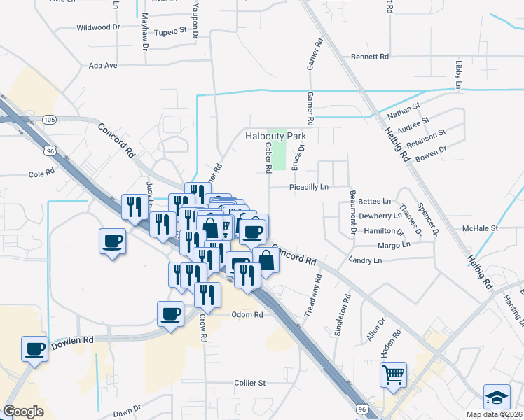 map of restaurants, bars, coffee shops, grocery stores, and more near 5210 Gober Road in Beaumont