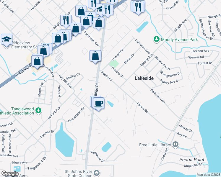 map of restaurants, bars, coffee shops, grocery stores, and more near 3500 Peoria Road in Orange Park