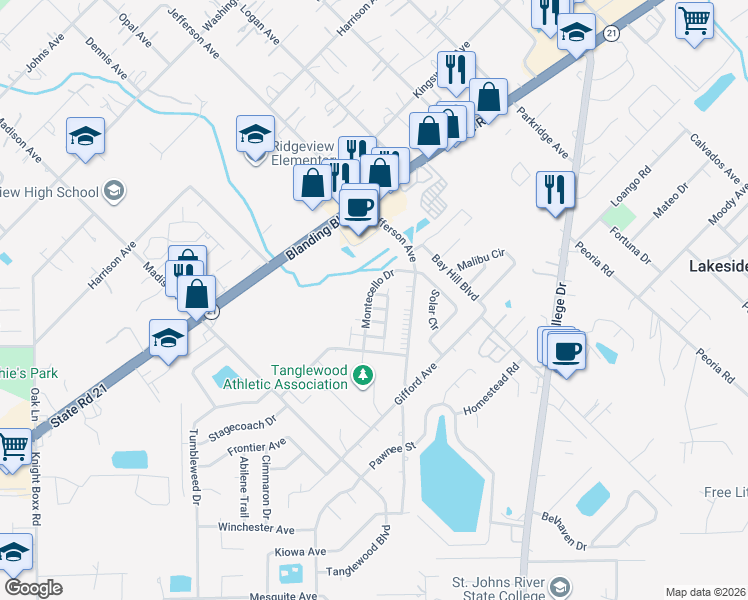 map of restaurants, bars, coffee shops, grocery stores, and more near 1266 Montecello Drive in Orange Park