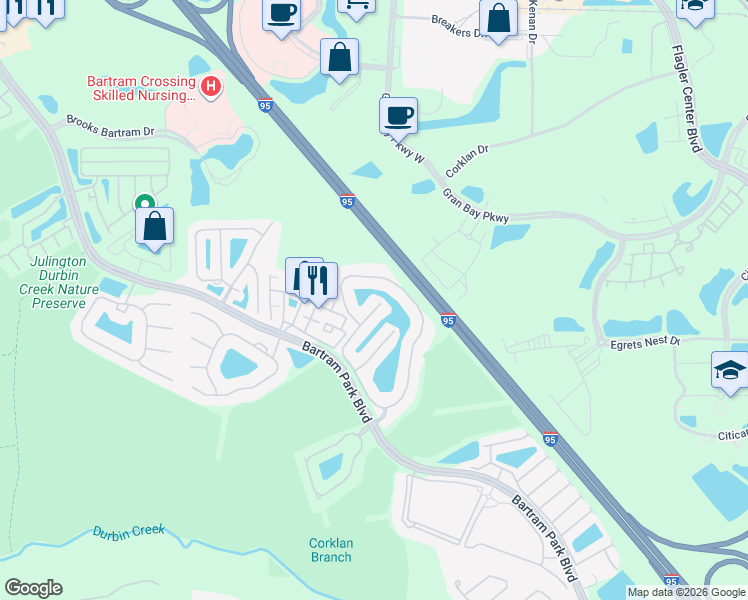 map of restaurants, bars, coffee shops, grocery stores, and more near 6856 Roundleaf Drive in Jacksonville
