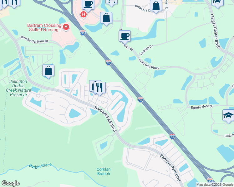 map of restaurants, bars, coffee shops, grocery stores, and more near 6856 Roundleaf Drive in Jacksonville
