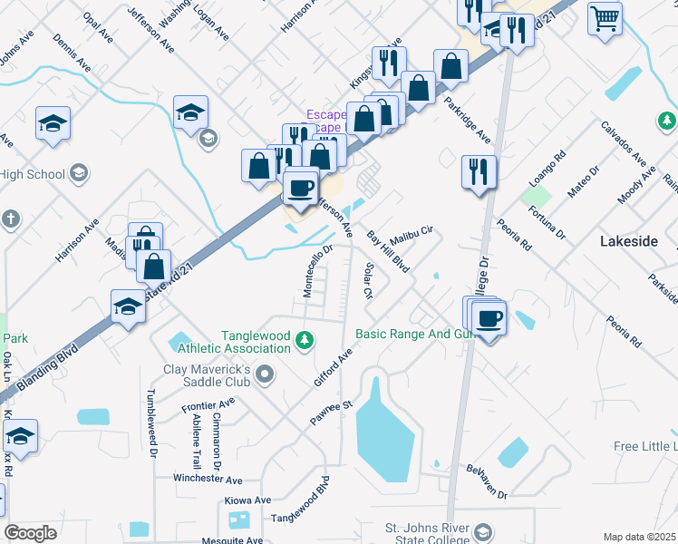map of restaurants, bars, coffee shops, grocery stores, and more near 1316 Jefferson Avenue in Orange Park