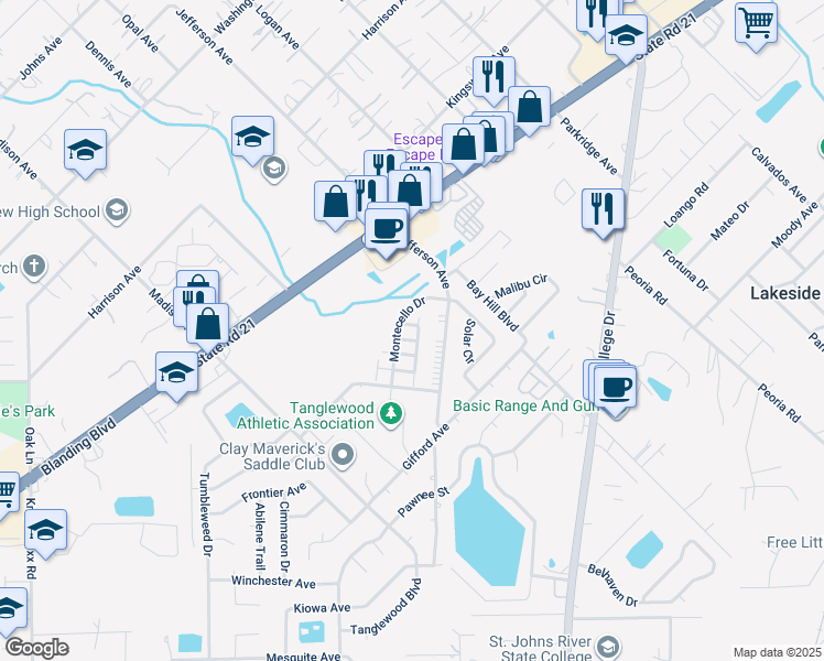 map of restaurants, bars, coffee shops, grocery stores, and more near 1337 Yorktown Place in Orange Park