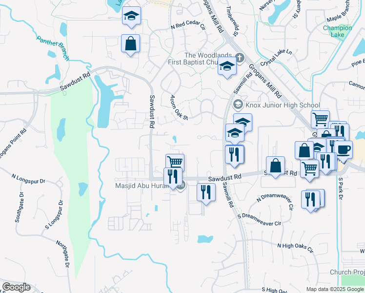 map of restaurants, bars, coffee shops, grocery stores, and more near 1546 Sawdust Road in Spring