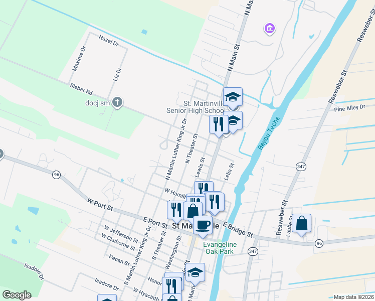 map of restaurants, bars, coffee shops, grocery stores, and more near 603 North Theater Street in Saint Martinville