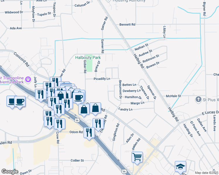 map of restaurants, bars, coffee shops, grocery stores, and more near 5765 Landry Lane in Beaumont