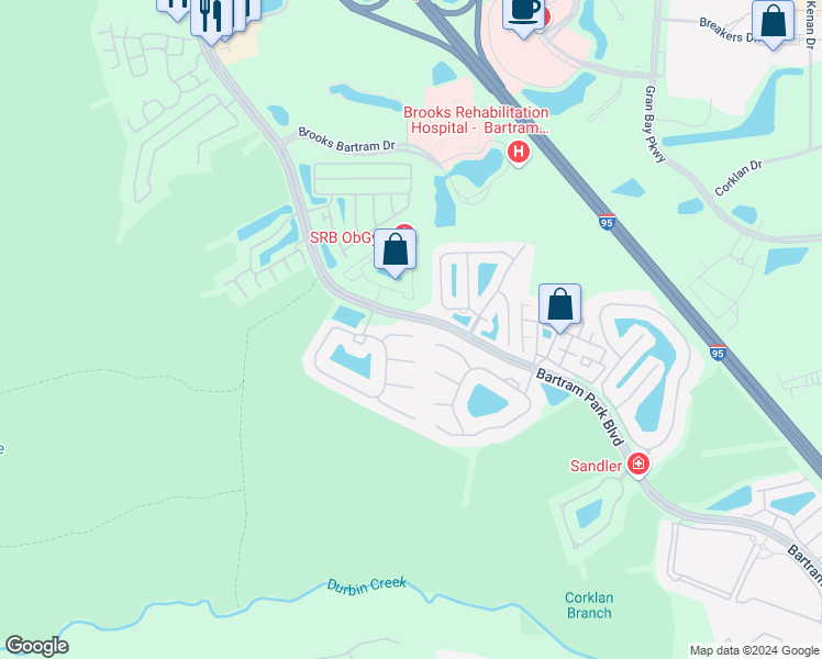 map of restaurants, bars, coffee shops, grocery stores, and more near 6499 White Flower Court in Jacksonville
