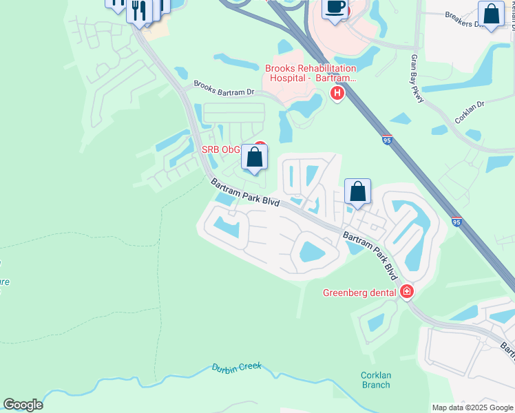 map of restaurants, bars, coffee shops, grocery stores, and more near 6489 White Flower Court in Jacksonville