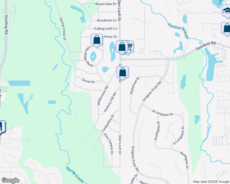 map of restaurants, bars, coffee shops, grocery stores, and more near 24915 Hickory Hill Road in Spring