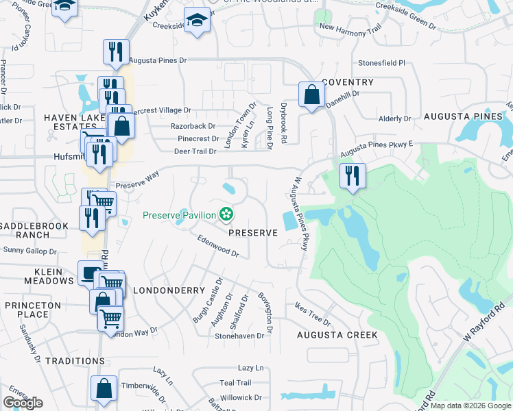 map of restaurants, bars, coffee shops, grocery stores, and more near 8003 Wooded Way Drive in Spring