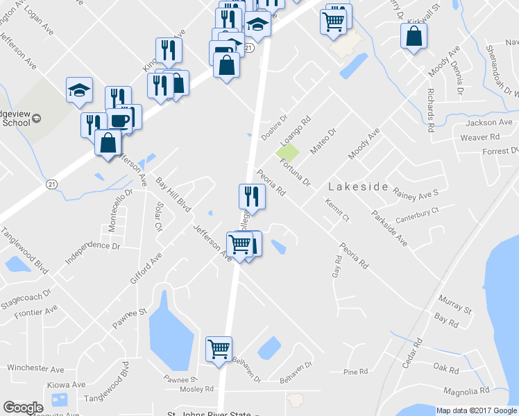 map of restaurants, bars, coffee shops, grocery stores, and more near 135 College Drive in Orange Park