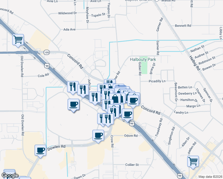 map of restaurants, bars, coffee shops, grocery stores, and more near 6075 Concord Road in Beaumont