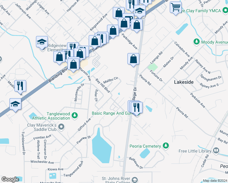 map of restaurants, bars, coffee shops, grocery stores, and more near 2586 Malibu Circle in Orange Park