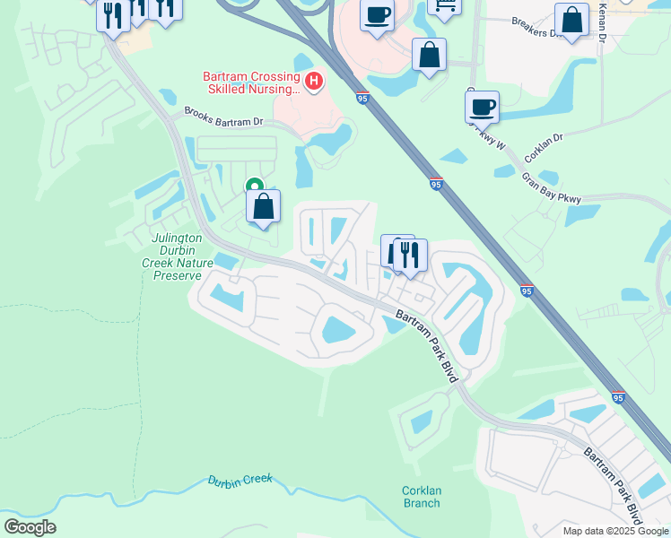 map of restaurants, bars, coffee shops, grocery stores, and more near 13025 Springs Manor Drive in Jacksonville