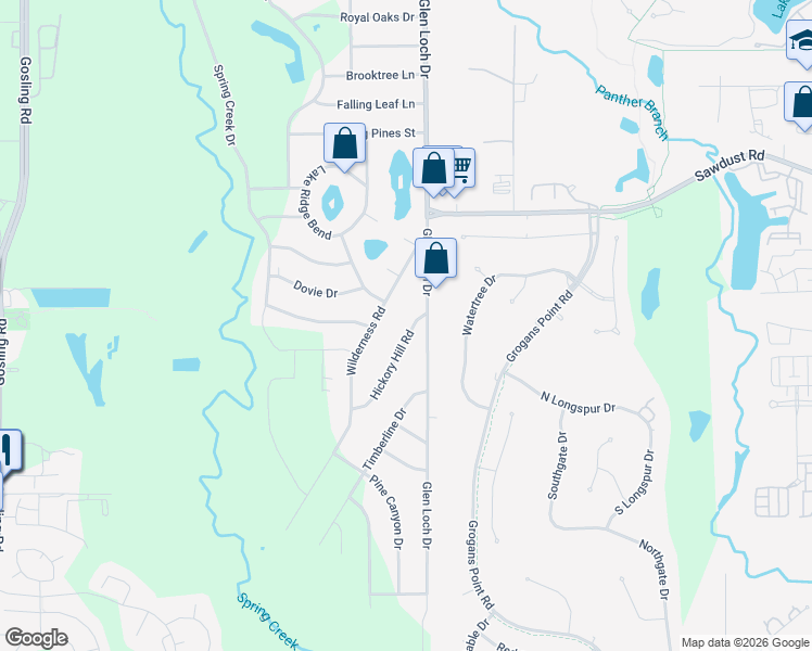 map of restaurants, bars, coffee shops, grocery stores, and more near 24915 Hickory Hill Road in Spring