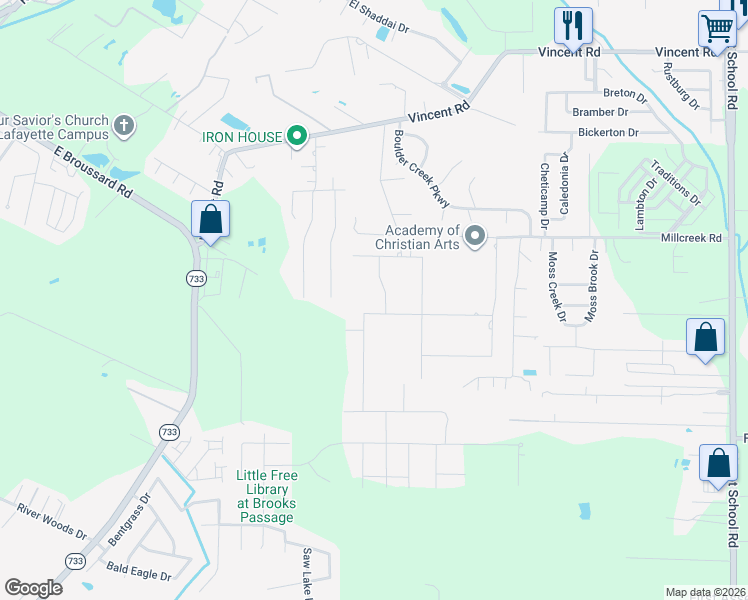 map of restaurants, bars, coffee shops, grocery stores, and more near 304 Birdwatch Lane in Lafayette