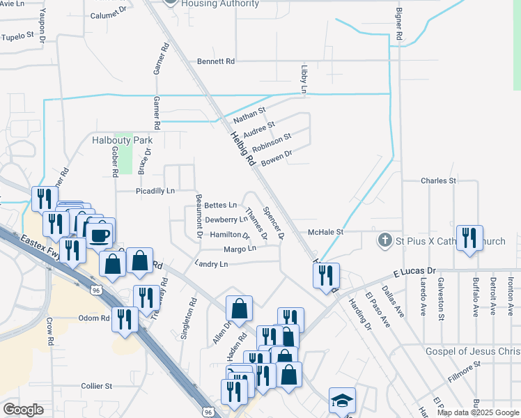 map of restaurants, bars, coffee shops, grocery stores, and more near 5525 Spencer Drive in Beaumont