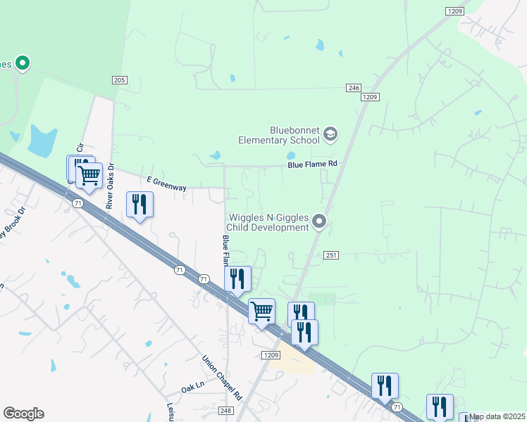 map of restaurants, bars, coffee shops, grocery stores, and more near 351 Blue Flame Road in Cedar Creek