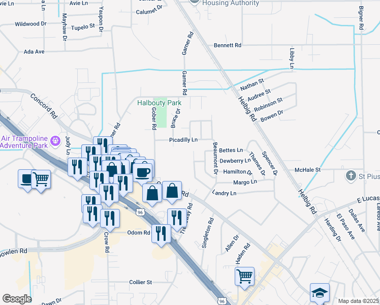 map of restaurants, bars, coffee shops, grocery stores, and more near 5765 Landry Lane in Beaumont