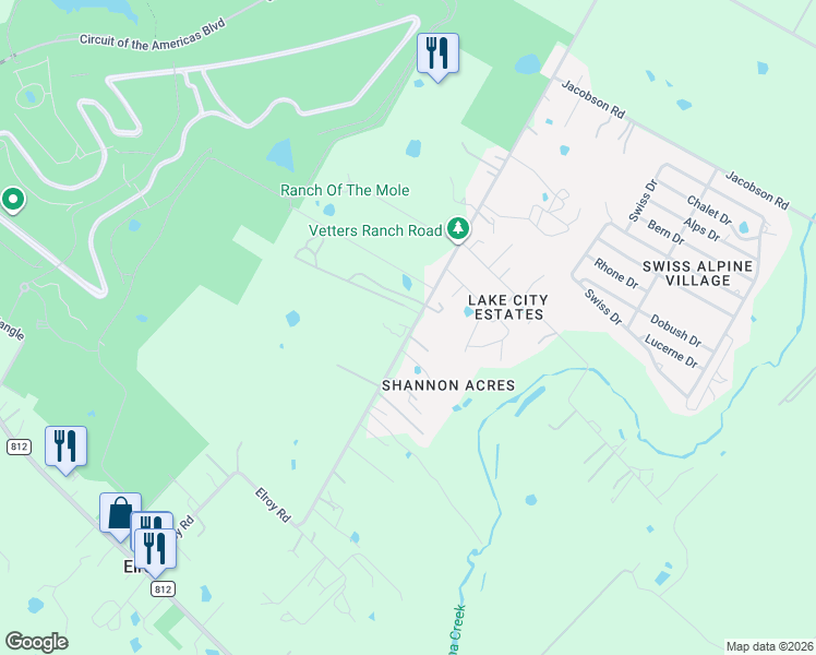 map of restaurants, bars, coffee shops, grocery stores, and more near 8605 Elroy Road in Del Valle