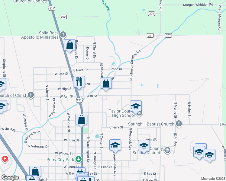 map of restaurants, bars, coffee shops, grocery stores, and more near 415 East Elm Street in Perry