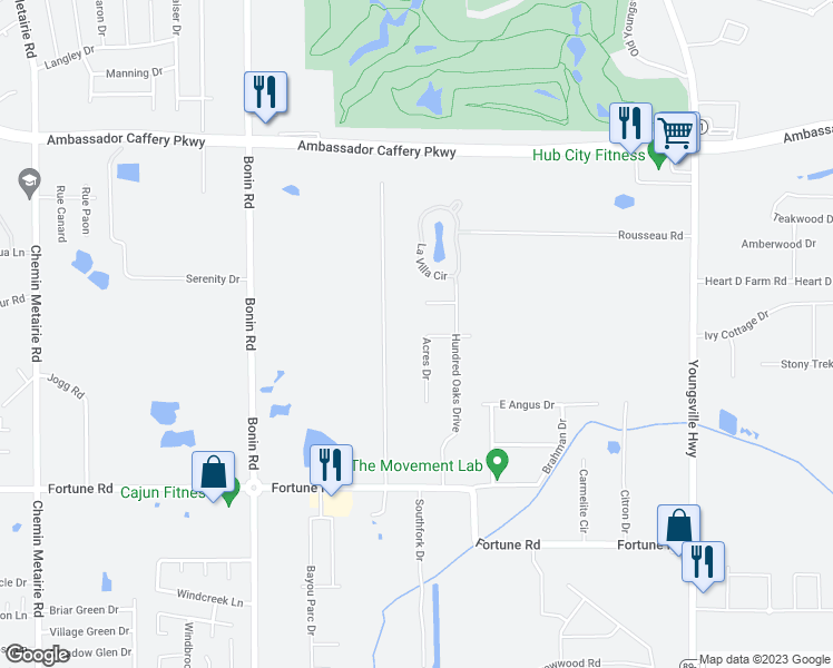 map of restaurants, bars, coffee shops, grocery stores, and more near 112 Acres Drive in Youngsville