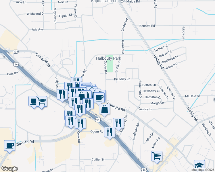 map of restaurants, bars, coffee shops, grocery stores, and more near 5210 Gober Road in Beaumont