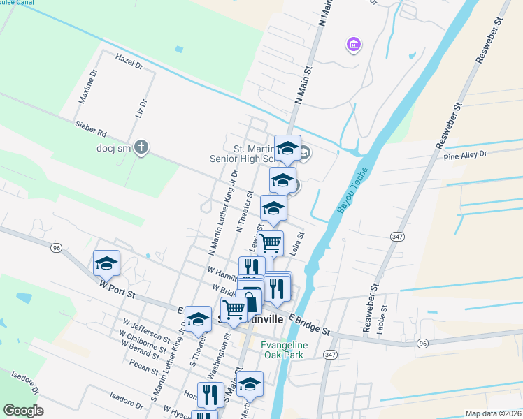map of restaurants, bars, coffee shops, grocery stores, and more near 615 Lewis Street in Saint Martinville