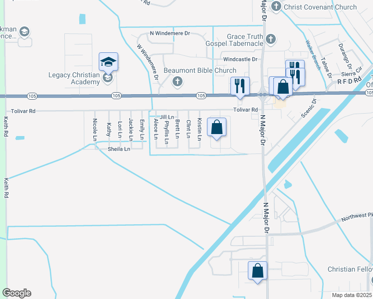 map of restaurants, bars, coffee shops, grocery stores, and more near 5655 Clint Lane in Beaumont