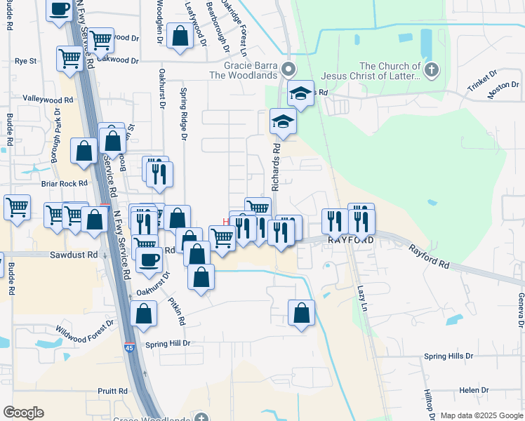 map of restaurants, bars, coffee shops, grocery stores, and more near 425 Rayford Road in Spring