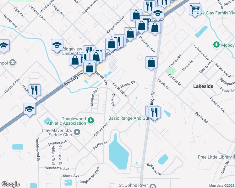 map of restaurants, bars, coffee shops, grocery stores, and more near 2664C Sunrise Village Drive in Orange Park