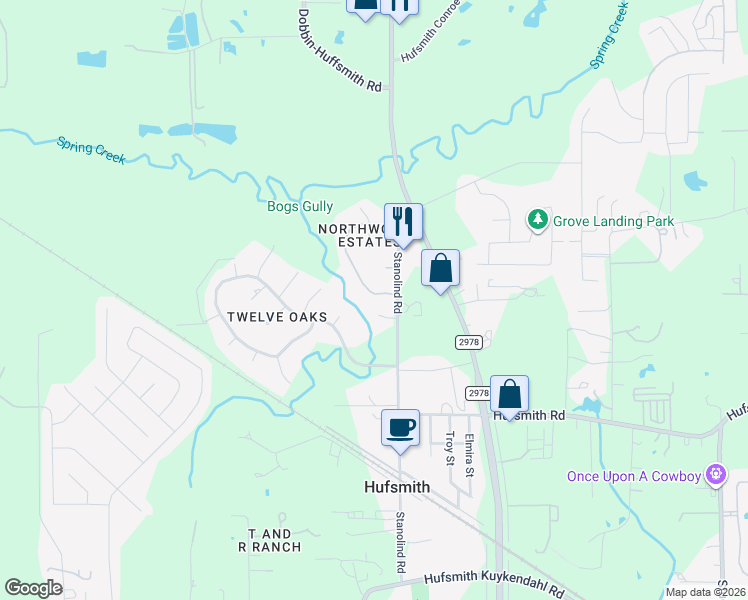 map of restaurants, bars, coffee shops, grocery stores, and more near 11711 Timbercrest Drive in Tomball