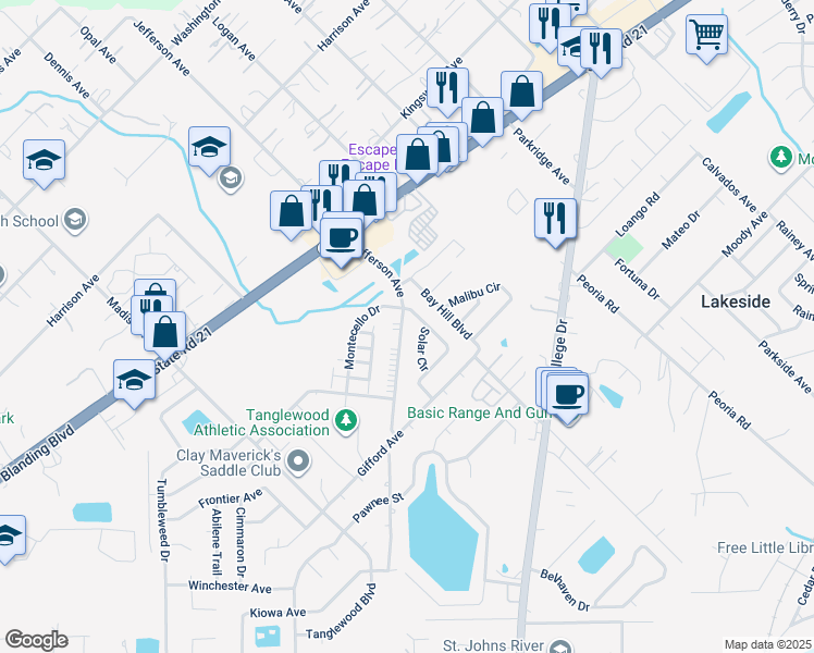 map of restaurants, bars, coffee shops, grocery stores, and more near 1316 Jefferson Avenue in Orange Park