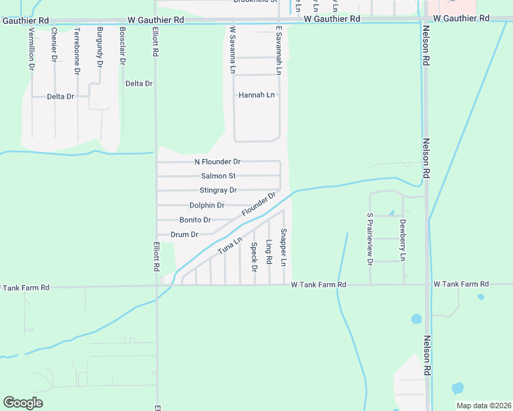 map of restaurants, bars, coffee shops, grocery stores, and more near 2301 Dolphin Drive in Lake Charles