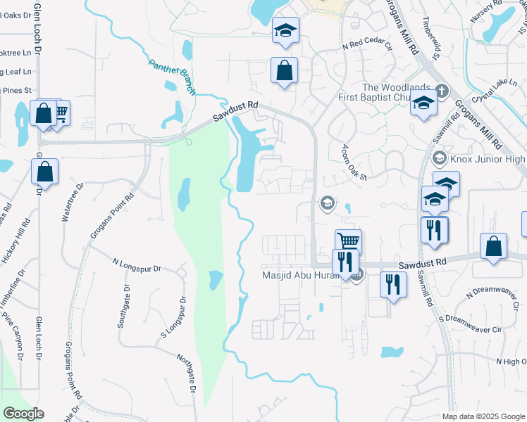 map of restaurants, bars, coffee shops, grocery stores, and more near 1941 Sawdust Road in Spring
