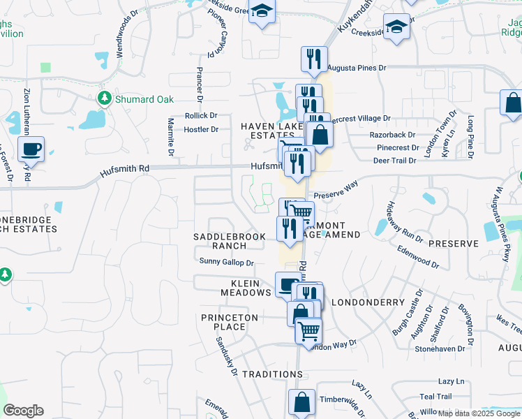map of restaurants, bars, coffee shops, grocery stores, and more near 8627 Hufsmith Road in Tomball