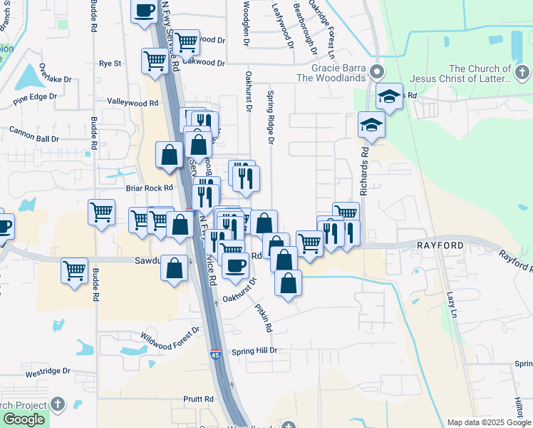 map of restaurants, bars, coffee shops, grocery stores, and more near 25207 Spring Ridge Drive in Spring