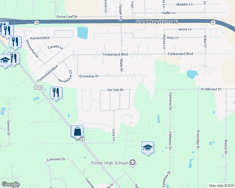 map of restaurants, bars, coffee shops, grocery stores, and more near 22040 Stoneridge Drive in Porter