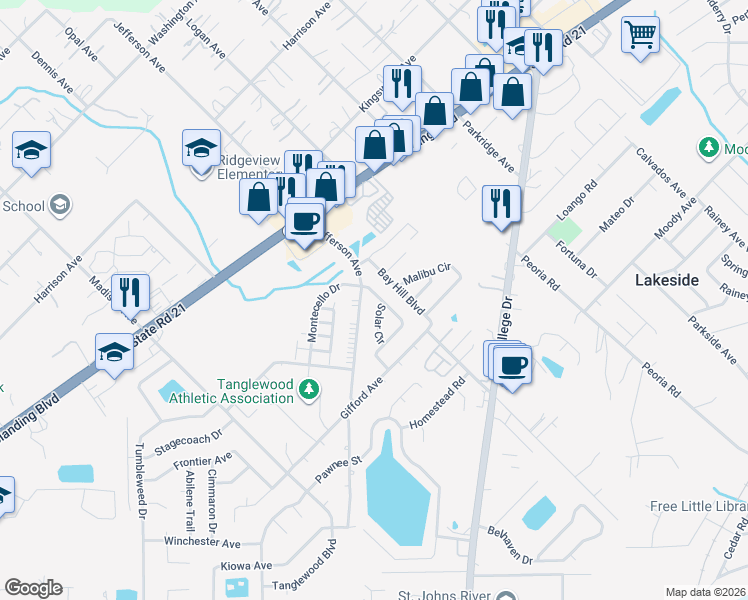 map of restaurants, bars, coffee shops, grocery stores, and more near 2664A Sunrise Village Drive in Orange Park