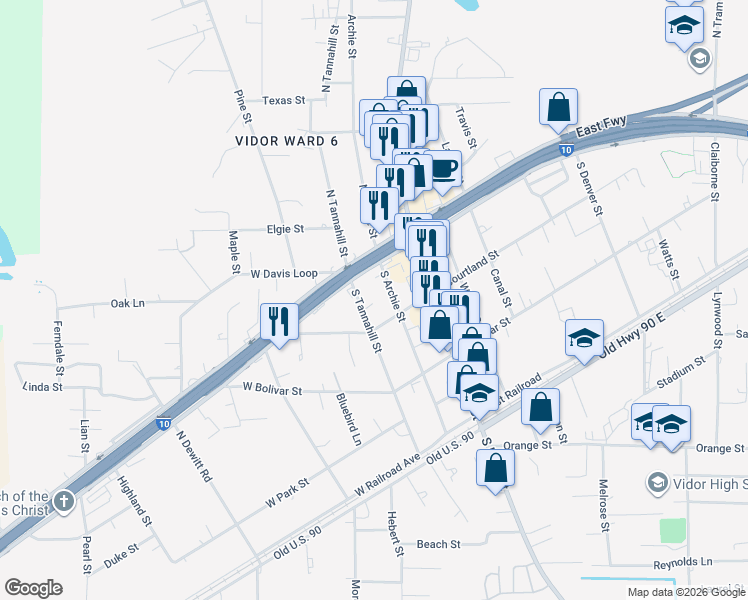 map of restaurants, bars, coffee shops, grocery stores, and more near 530 South Tannahill Street in Vidor