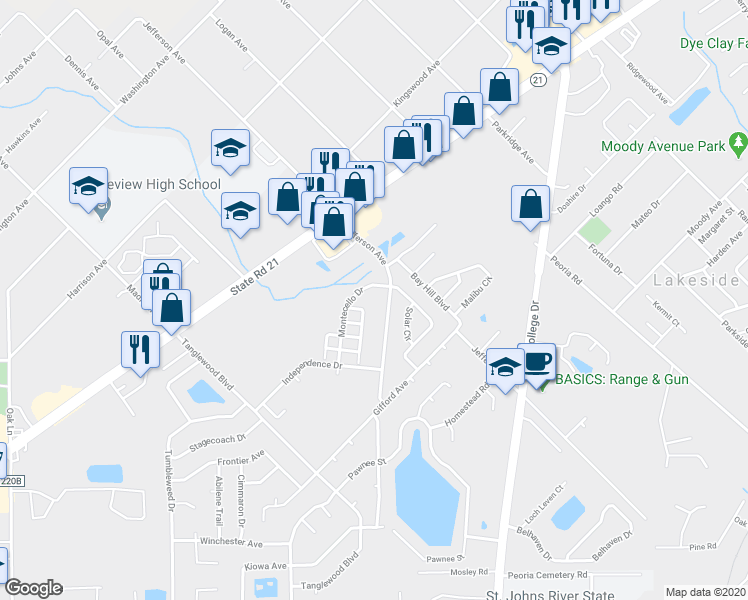 map of restaurants, bars, coffee shops, grocery stores, and more near 1316 Jefferson Avenue in Orange Park