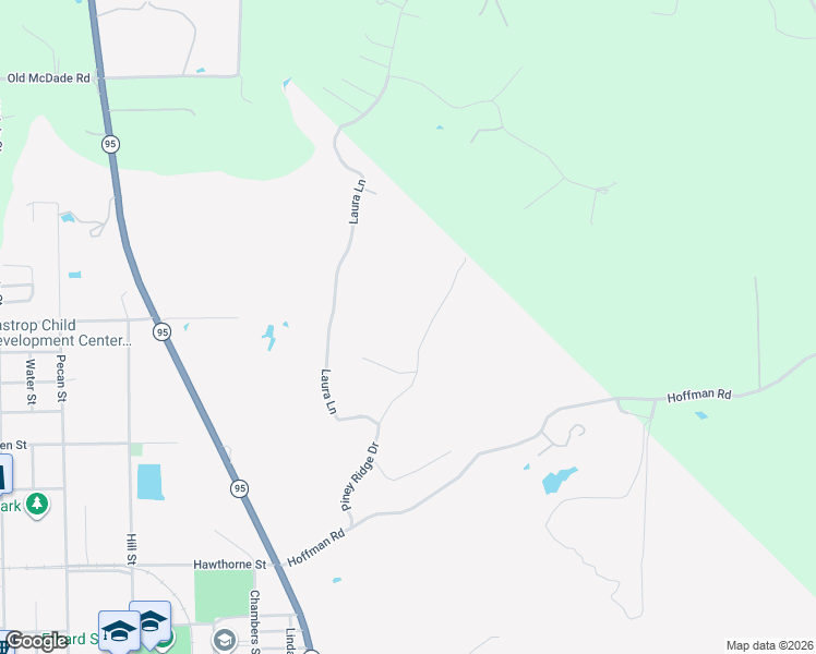 map of restaurants, bars, coffee shops, grocery stores, and more near 204 Piney Ridge Drive in Bastrop