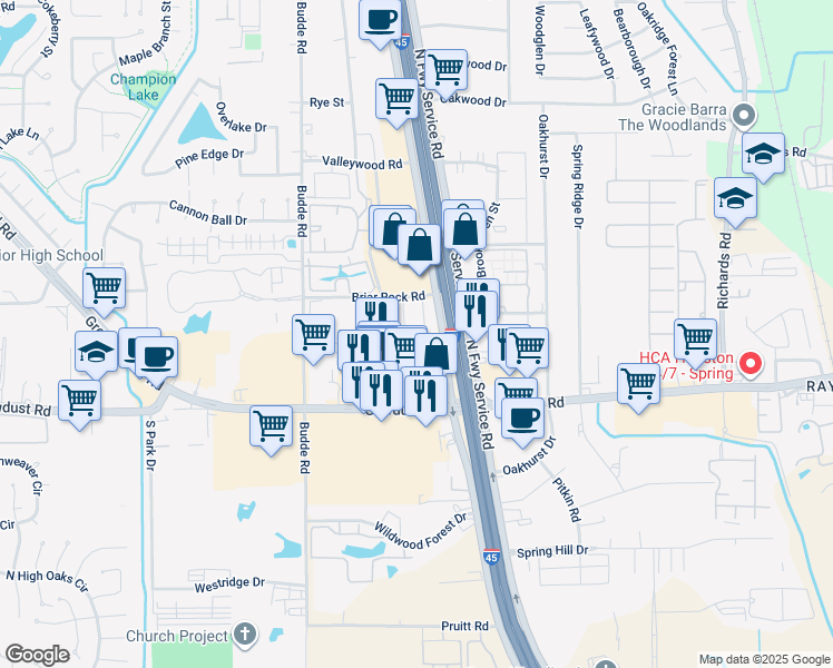 map of restaurants, bars, coffee shops, grocery stores, and more near 25307 Interstate 45 in Spring